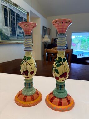 Tracy Porter Signed Hand Painted Cherry Candlesticks Set of 2